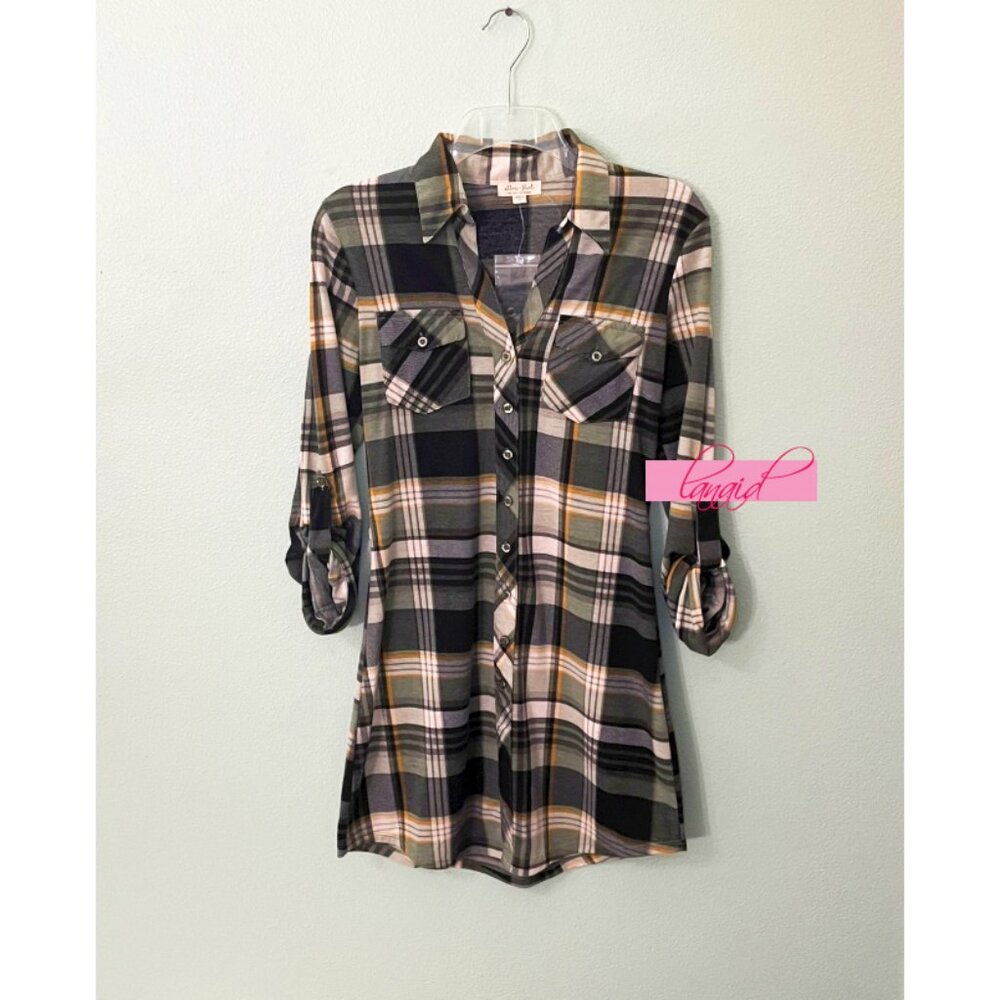 Ultra Flirt Green Plaid Tartan Flannel A-Line Button-Up Edgy Mini Shirt Dress M